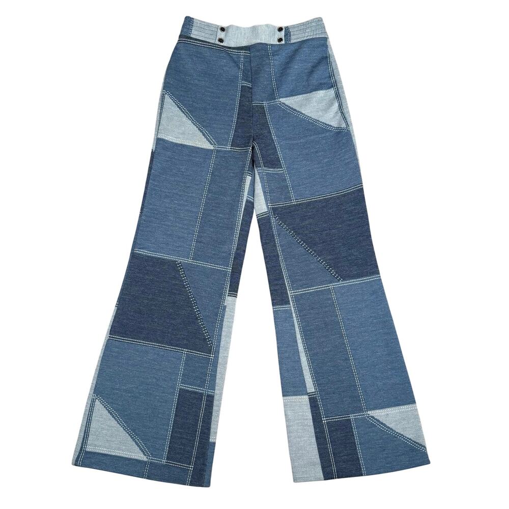 Vintage 70s Patchwork Denim Look Bell Bottom Pants High Waist Flare Size 25x28.5